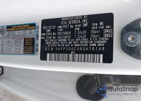 2024 Kia Telluride Sx Prestige z USA, uszkodzony, nr VIN 5XYP5DGCXRG478148